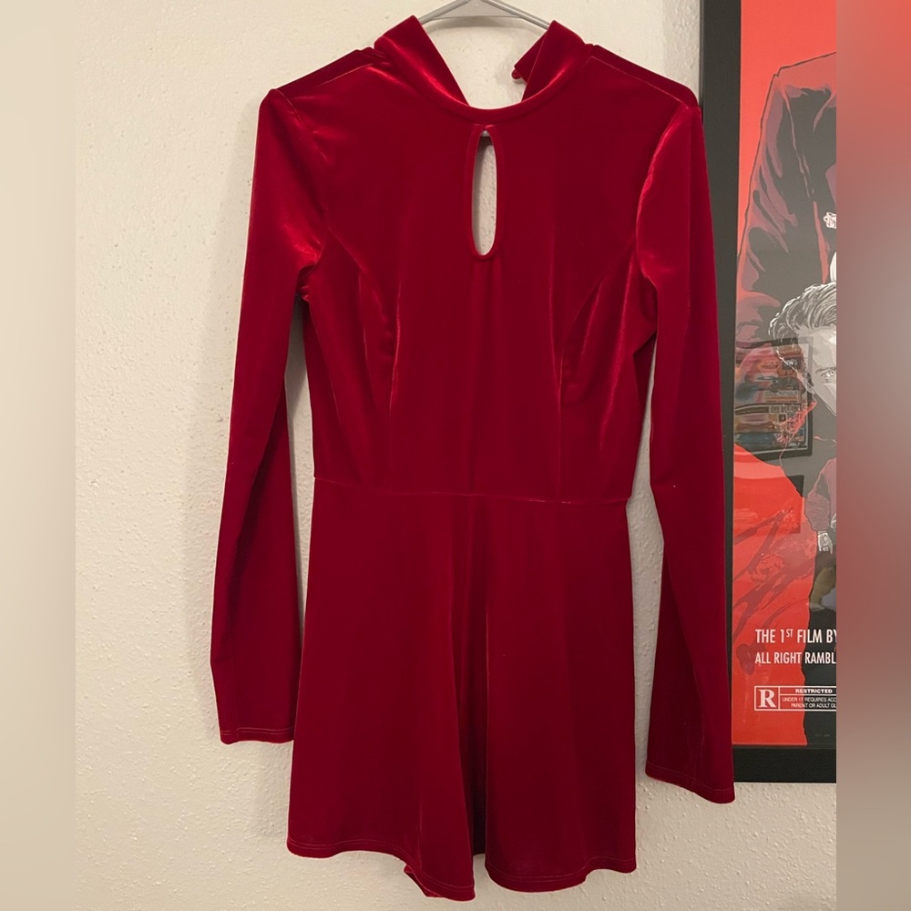 Red Velvet Mockneck Keyhole Romper Dress